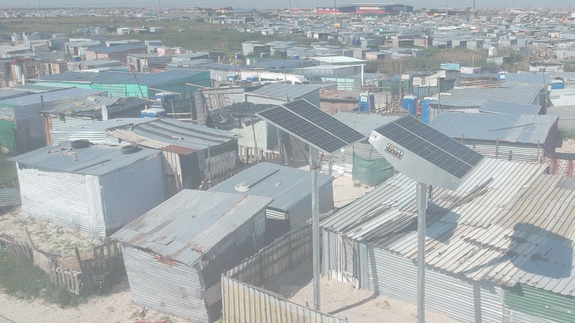 A Zonke solar tower rising above a Cape Town informal settlement.