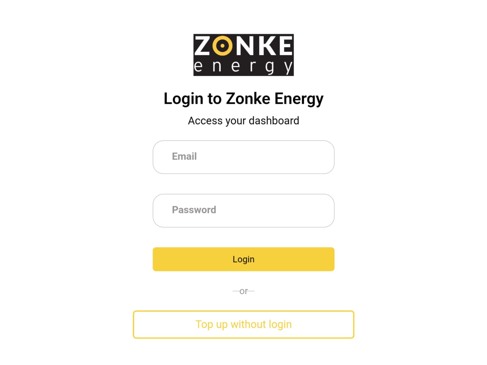 The Zonke Energy mobile login screen with email, password and 'top up without login' option.